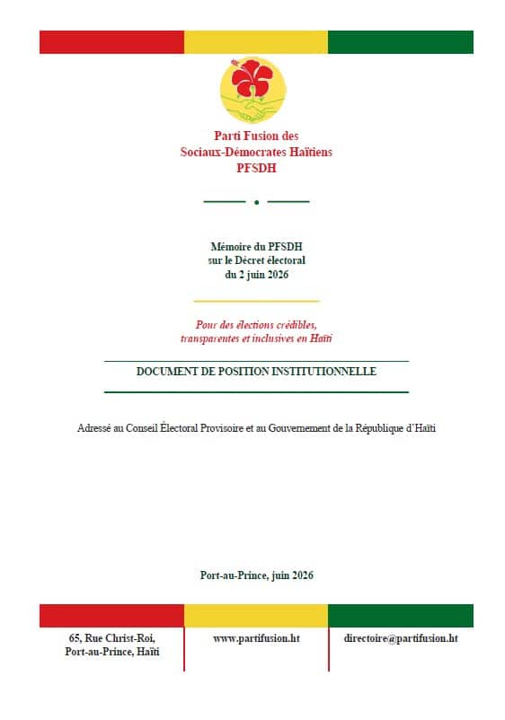 Couverture du Mémoire du PFSDH sur le Décret électoral du 2 juin 2026, document de position institutionnelle pour des élections crédibles, transparentes et inclusives en Haïti.